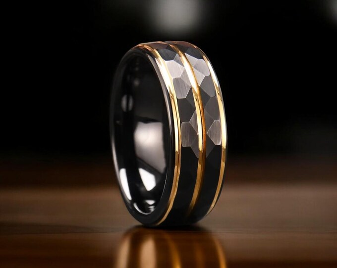 8mm Black Tungsten Ring with Gold Groove: Unisex Wedding Band