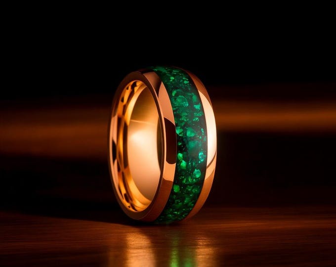 Emerald Rose Gold Tungsten Ring, Crushed Stone Band, Green Ring, Emerald Ring, Gemstone Ring, Anniversary Ring, Engagement Ring, 4/6/8mm