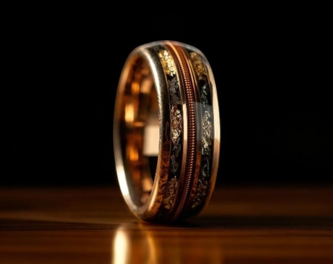 Guitar String Meteorite Tungsten Wedding Ring: Rose Gold Band, 8mm Comfort Fit