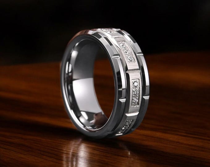White Zircon Tungsten Carbide Ring: Silver CZ Accent Wedding Band