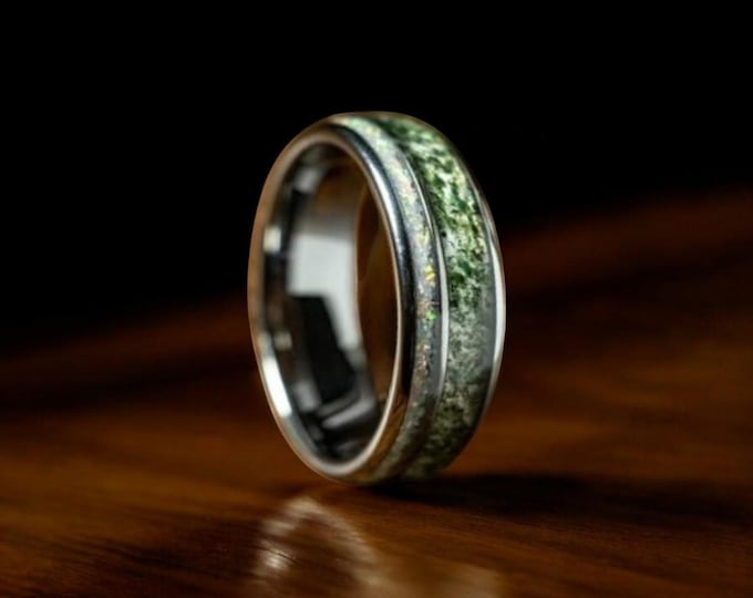 Moss Agate & Opal Silver Wedding Band - Cosmos Promise Ring For Him
