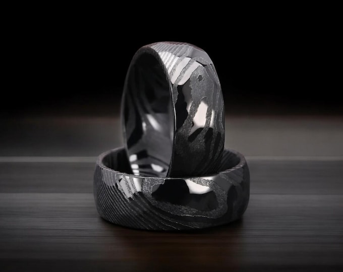 Black Hammered Damascus Steel Wedding Band - 8mm Comfort Fit