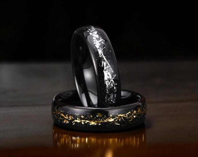 Crushed Meteorite Tungsten Ring: Silver & Gold Wedding Band, 6mm