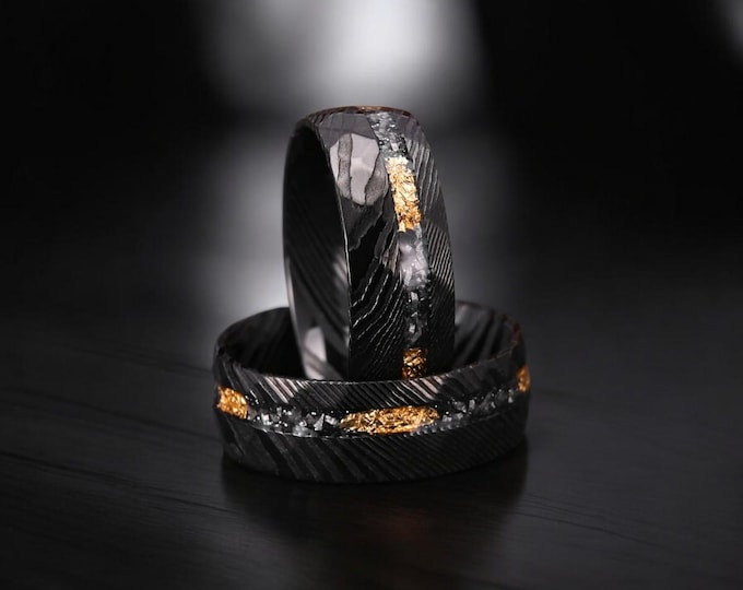 Black Damascus Tungsten Ring: Gold Meteorite Inlay, Hammered Wedding Band
