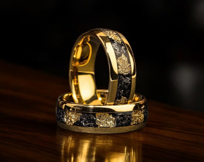Meteorite Gold Leaf Tungsten Wedding Band: 8mm Celestial Ring