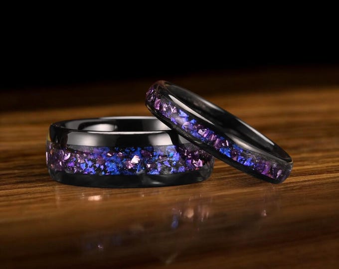 Amethyst Nebula Ring: Black Tungsten Wedding Band with Sandstone