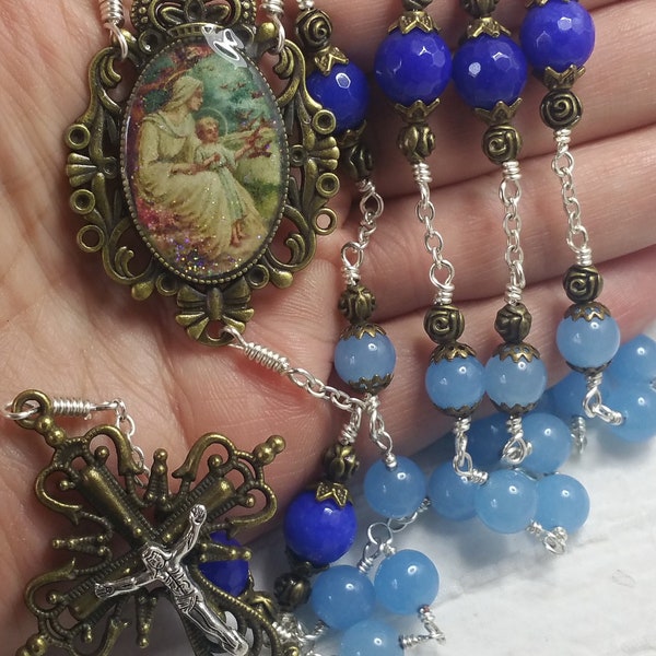 Jade Heirloom Rosary, St Michael Cameo, Vintage Gemstone bead set, Unbreakable Embellished rosary, Two tone Rosary, Saint Michael