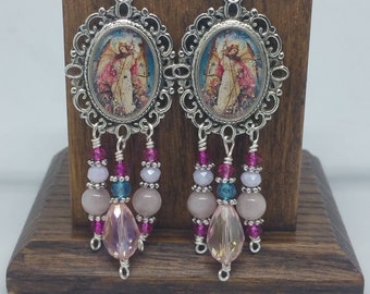 St Michael, ArchAngel Jewelry, Patron St of Warriors, Chandelier Angel earrings,Color Cameo,San Miguel,Angel Jewelry,Pink Long drop Earrings