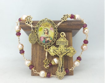 Gold Pearl Catholic rosary, Coronation Tenner~Catholic Gift, Pious X Pardon Crucifix, Heirloom ~ Prayers by the Bead