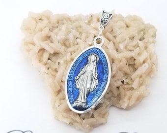 Blue Enameled Miraculous Medal, Catholic Pendant, Milagros, Prayers by the Bead