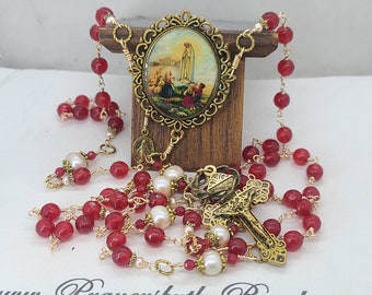 Fatima Pearl Catholic Rosary, Apparition of Fatima, Crown of Thorns, Pardon Crucifix,Custom cameo~Unbreakable Heirloom~ Prayers by the Bead