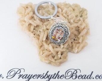 Pink Angel keyring, Rose Quartz, Catholic Angel, Tiffany Cathedral image, Confirmation sponsor gift~ Prayers by the Bead