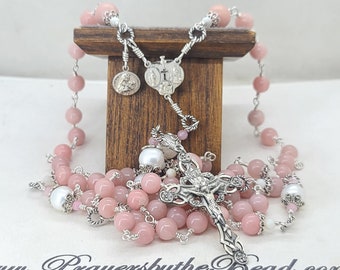 Catholic St Teresa, Sterling Silver Rosary~Pink Opal,Little Flower of Jesus, Sterling Miraculous medal, Prayers by the Bead