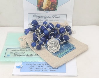 St Michael Sterling Silver Chaplet, Lapis Rosary, Saint Michael Mans Large Rosary, Archangel chaplet~Prayers By the Bead