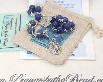 Sterling St Christopher Chaplet ~ Lapis Rosary, Mans Rosary,Sacred Heart of Jesus, Patron St of Travelers, Bachelors~Prayers by the Bead