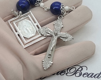 Three Hail Mary's,Sterling Lapis Catholic Chaplet ~  Sterling silver Miraculous medal, Milagros, OOAK, Prayers by the bead