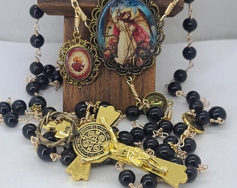 St Benedict and St Michael Catholic Rosary, Mans Gold Rosary, Grooms gift, Confirmation Patron St of Warriors~Prayers by the Bead