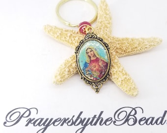 Immaculate Heart of Mary gold Keyring,Mary Terror of Demons Miraculous Mary full color,  Immaculata, Jade Keyring,Mom gift ~ Prayers by Bead