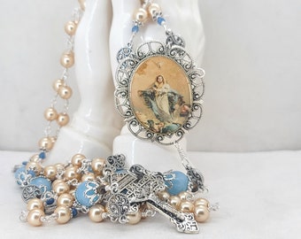 Unbreakable Catholic Wedding Rosary, Immaculate Conception cameo,Heirloom Pearl Rosary, Bride wrist wrap rosary~Prayers By the Bead