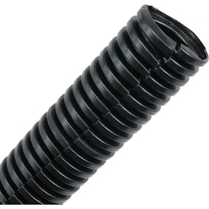 May include: A black corrugated plastic conduit, ideal for protecting electrical wires. The flexible tubing has a ribbed exterior and is designed to bend and curve. The image shows a close-up of the conduit against a white background.
