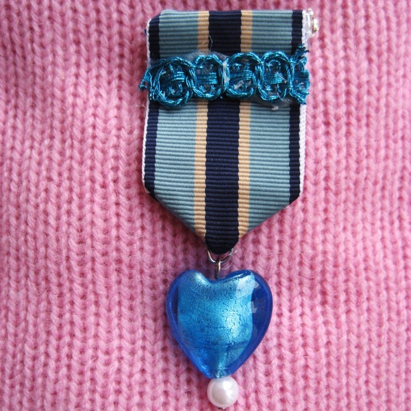 Honour of My Heart Medallion - Lapel Pin with sea blue glass heart