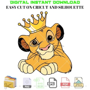 May include: A digital download of a cartoon lion cub wearing a gold crown. The image is suitable for cutting on Cricut and Silhouette machines. The download includes files in PNG, SVG, EPS, PDF, and JPEG formats.