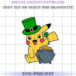 May include: A yellow cartoon character wearing a green hat with a gold buckle and holding a pot of gold and a four-leaf clover. The character is sitting on a white background.