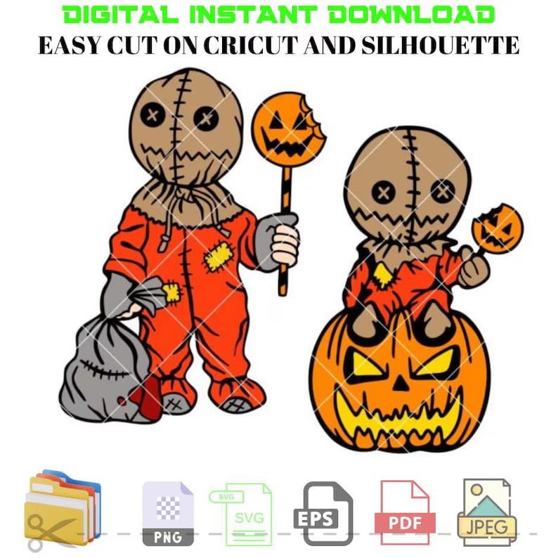 May include: Digital download featuring two Halloween-themed characters. One character is holding a bag and a pumpkin lollipop, the other is sitting on a carved pumpkin and holding a pumpkin lollipop. The characters are wearing orange jumpsuits and burlap sack heads.