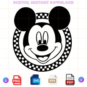 Op de afbeelding: Zwart-witte silhouet van Mickey Mouse's hoofd met een geruite cirkel eromheen. De afbeelding is een digitaal bestand dat beschikbaar is in PNG, SVG, EPS en PDF-formaten.