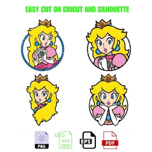 Könnte beinhalten: Ein digitaler Download von vier verschiedenen Bildern von Prinzessin Peach aus der Super Mario Bros. Videospielserie. Die Bilder sind im Cartoon-Stil gehalten und zeigen Prinzessin Peach in verschiedenen Posen. Die Bilder sind in den Formaten PNG, SVG, EPS und PDF verfügbar.