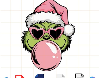 Pink Christmas Grinch Blowing Bubble Heart Sunglasses Svg, Merry Grinchmas Svg, Santa Claus Svg, Cricut, Silhouette Vector Cut File