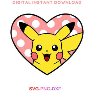 Op de afbeelding: Een geel Pikachu-tekenfilmfiguur met rode wangen kijkt uit een roze hart met witte stippen. Het hart is zwart omlijnd.