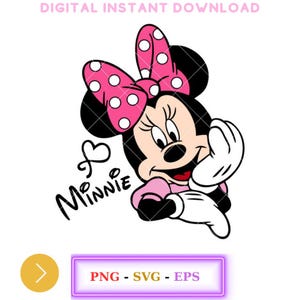 May include: A cartoon image of Minnie Mouse with a pink bow and white gloves. The text "Minnie" is written in a cursive font below her.