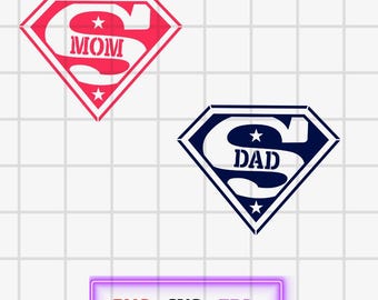 May include: Two superhero logos, one red and one blue, with the words "MOM" and "DAD" inside. The logos are in the shape of the Superman symbol with stars on the sides.