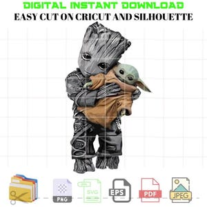 Könnte beinhalten: Ein digitaler Download einer Vektorillustration eines grauen und schwarzen Charakters, der einen grünen Charakter hält. Die Charaktere stammen aus dem Star Wars-Franchise. Das Bild ist in den Formaten PNG, SVG, EPS, PDF und JPEG verfügbar.