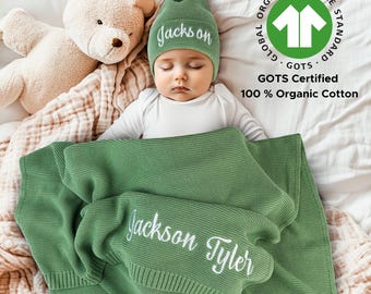 Embroidered Name Baby Blanket, GOTS Organic Cotton Knit, Personalized Gift