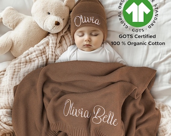 Embroidered Name Baby Blanket: Organic Cotton Knit, Personalized Shower Gift