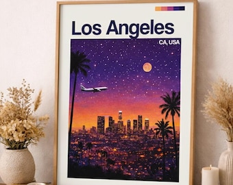 Retro Los Angeles Poster, Purple Sunset, LA Skyline Art (Digital Print)