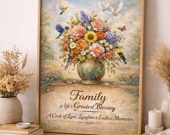 Family Blessing Floral Vase Art Print | Inspirational Quote (Digital Download)