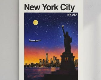 New York City Retro Travel Poster – Statue of Liberty Skyline Sunset Print