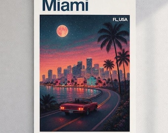 Miami Retro Travel Poster – Synthwave Cityscape Art Print, 80s Style Wall Art