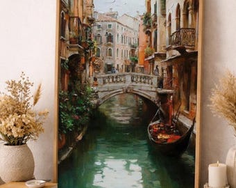 Venice Canal Oil Painting Print, Italian Gondola Scene (Digital Download)