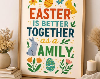 Påskfamiljecitattryck | Kanin, ägg, vårblommor (digital nedladdning)