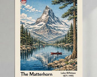 Matterhorn Lake Vintage Travel Poster Matte Vertical Poster | Switzerland mountain landscape