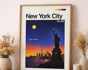 Retro New York City Print, Statue of Liberty, Vintage Travel Poster (Digital Download)