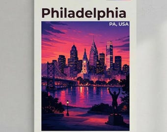 Philadelphia Skyline Print – Rocky Statue, Retro Travel Poster, Modern Home Decor