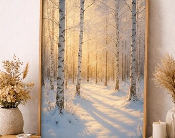 Winter Birch Forest Print, Golden Hour Snow Landscape, Nature Wall Art (Digital Download)
