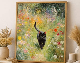 Black Cat Wildflower Garden Art, Impressionist Painting (Digital Download)