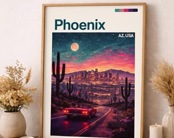 Phoenix Arizona Retro Travel Poster, Desert Nightscape Art (Digital Download)