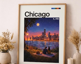 Chicago Skyline Art Print, Romantic Lake Michigan Sunset (Digital Download)